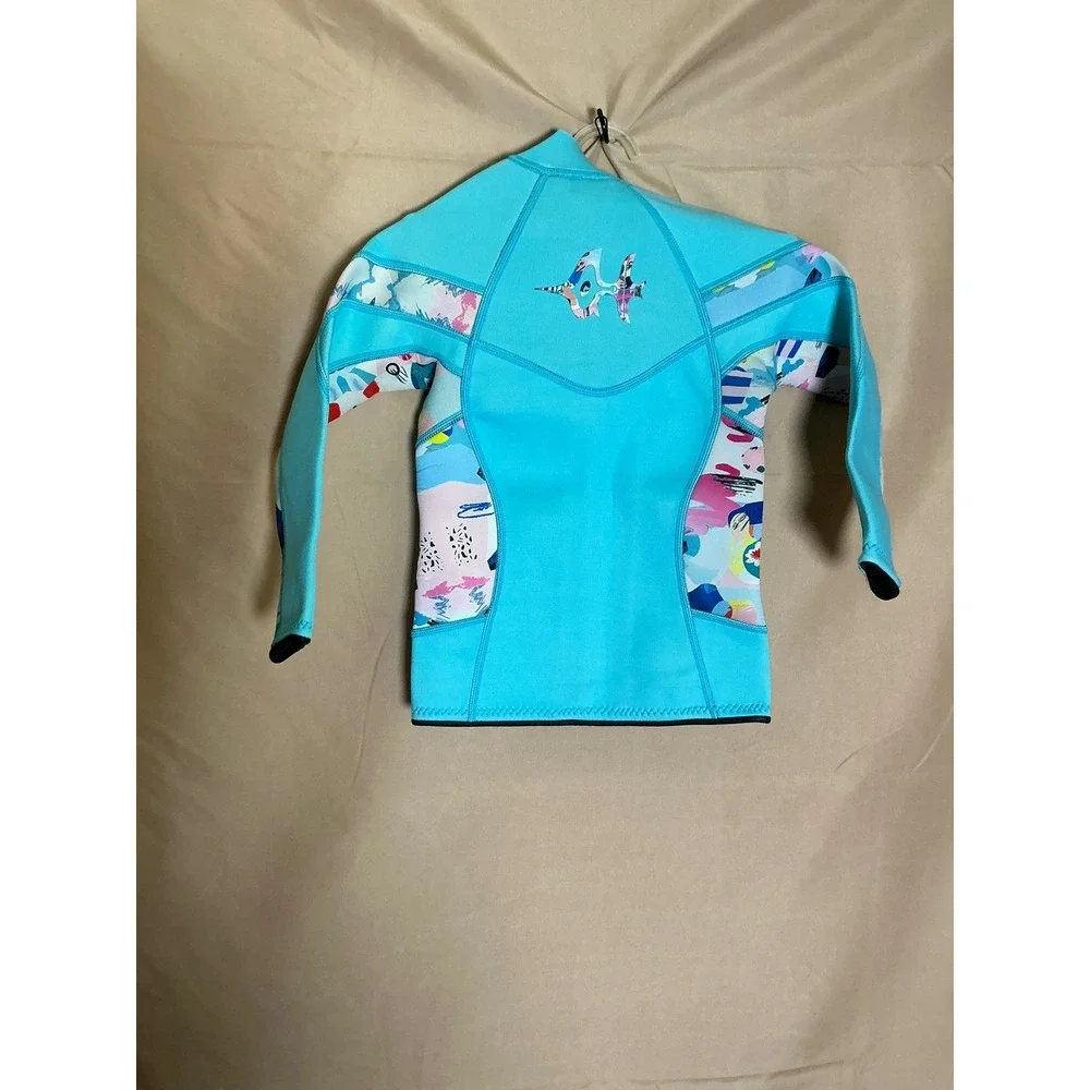 Goldfin Wetsuit Jacket Girls Size 6 Turquoise Excellent Full Zip Neoprene Print
